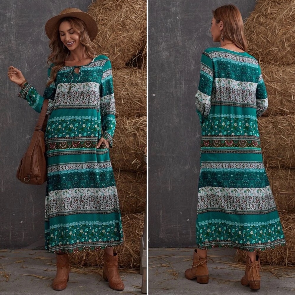 #235 Modest Tribal Floral Long Sleeve Dress - Picture 1 of 17